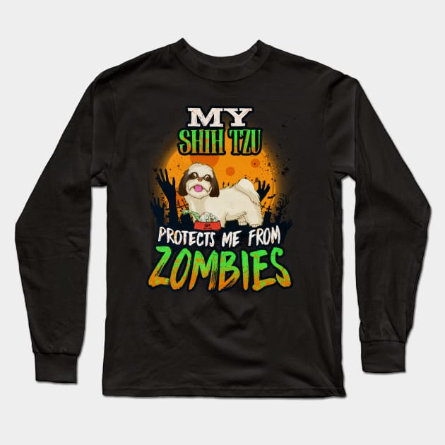 My Shih Tzu Protects Me From Zombies - Gift For Shih Tzu Owner Shih Tzu,Chrysanthemum Dog,Chinese Lion Dog, Lover Long Sleeve T-Shirt by HarrietsDogGifts